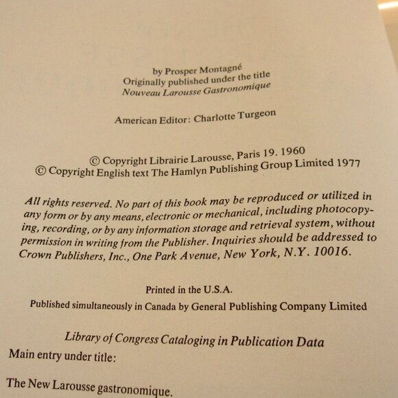 Larousse Gastronomique by Prosper Montagne 1977 English Text HC Crown Publishers - Picture 5 of 9